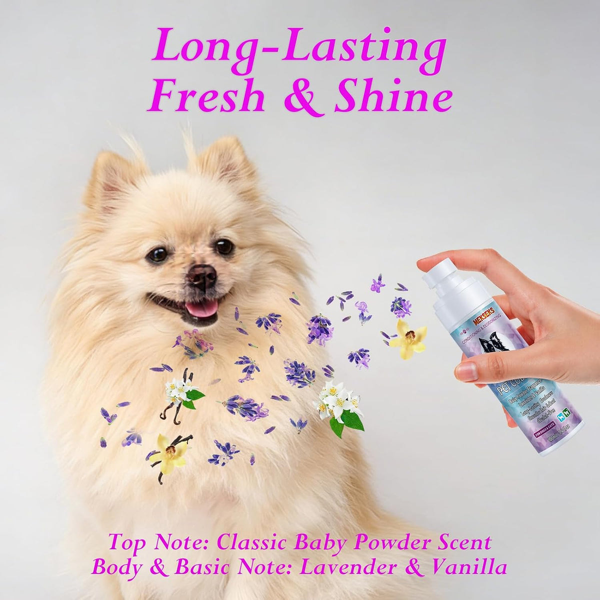 Pet perfume conditioner bottle showing baby powder scent variant.