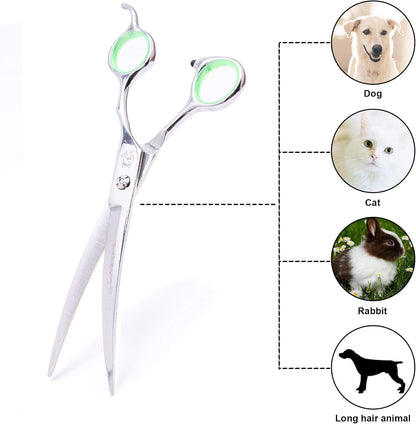 LovinPet safe pet fur trimming shears displaying curved blade design.