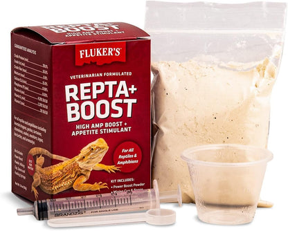 Fluker's Repta Boost critical care kit showing the powder container alongside the included syringe and measuring tools.