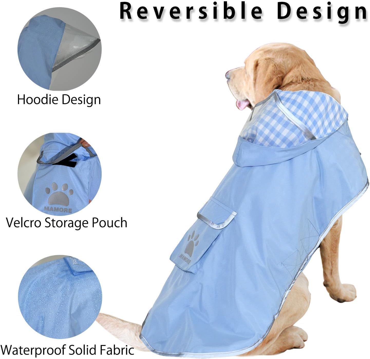 MAMORE dog slicker poncho displaying the bright reflective safety strips on the side