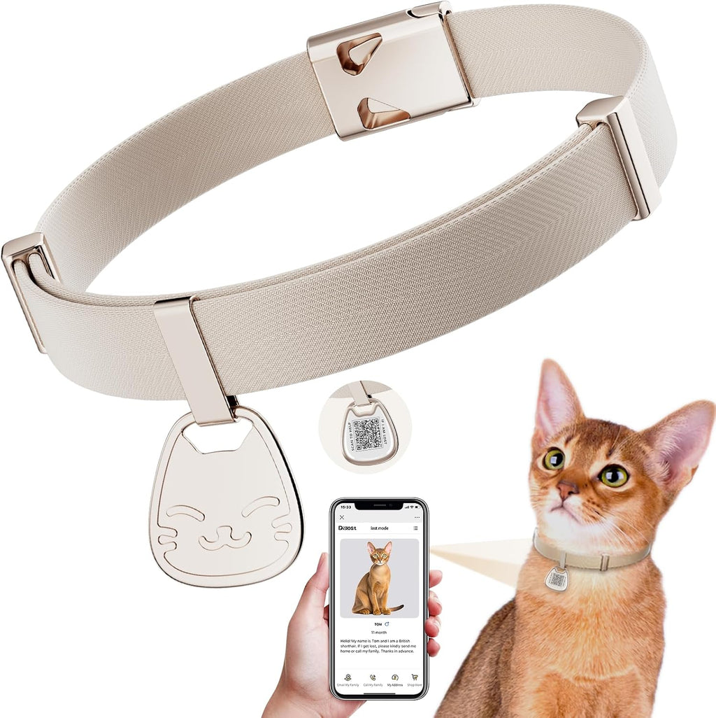 Typecase cat collar with QR code name tag in khaki front view on a pet
