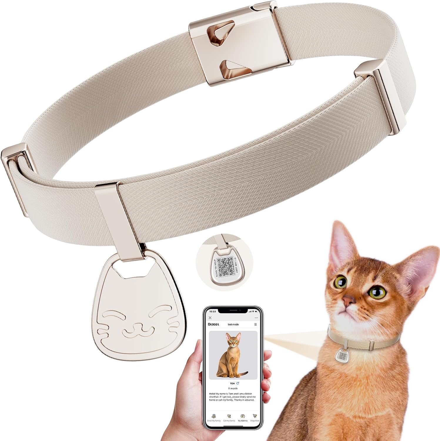 Typecase cat collar with QR code name tag in khaki front view on a pet