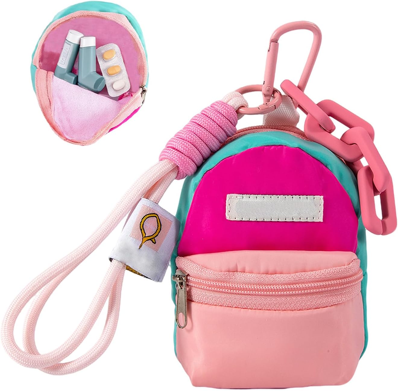 Scktoo ZHUOGWJFJ asthma inhaler case front view showing the vibrant pink and teal colorblock design