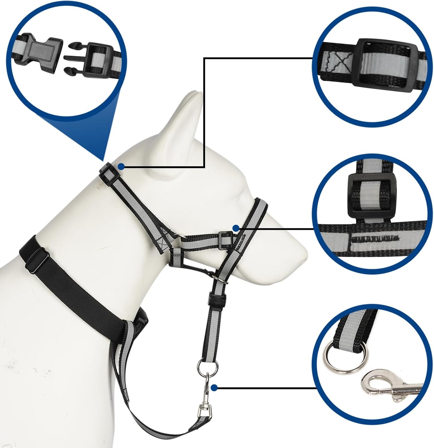Side profile of large dog wearing Barkless head collar