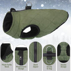 Back view of dog winter vest showing non-slip zipper and D-ring
