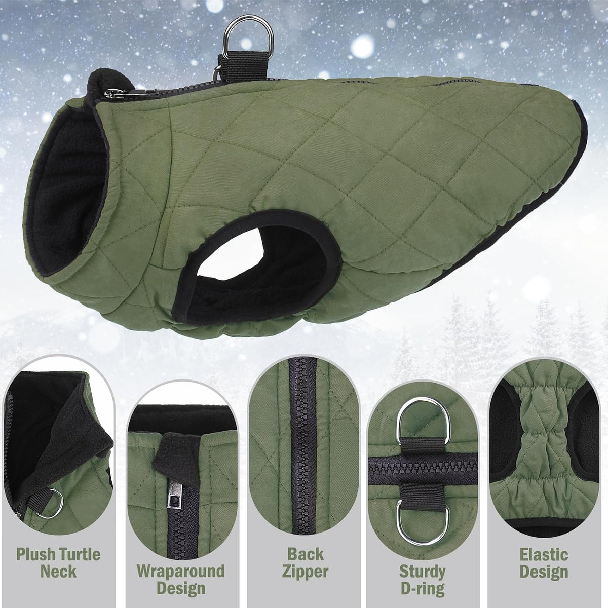 Back view of dog winter vest showing non-slip zipper and D-ring