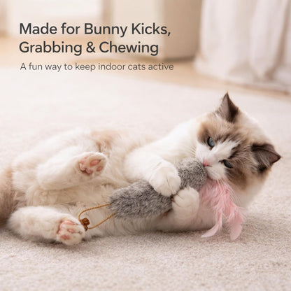 Close up of rabbit fur and feather detail on cat toy