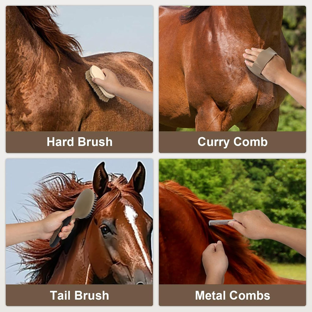Durable metal combs and braiding accessories included in the Swess horse care kit.