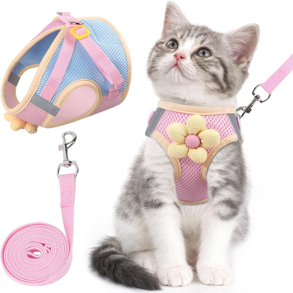 NCMAMA escape proof cat harness and leash set front view showing pink and blue mesh vest with flower
