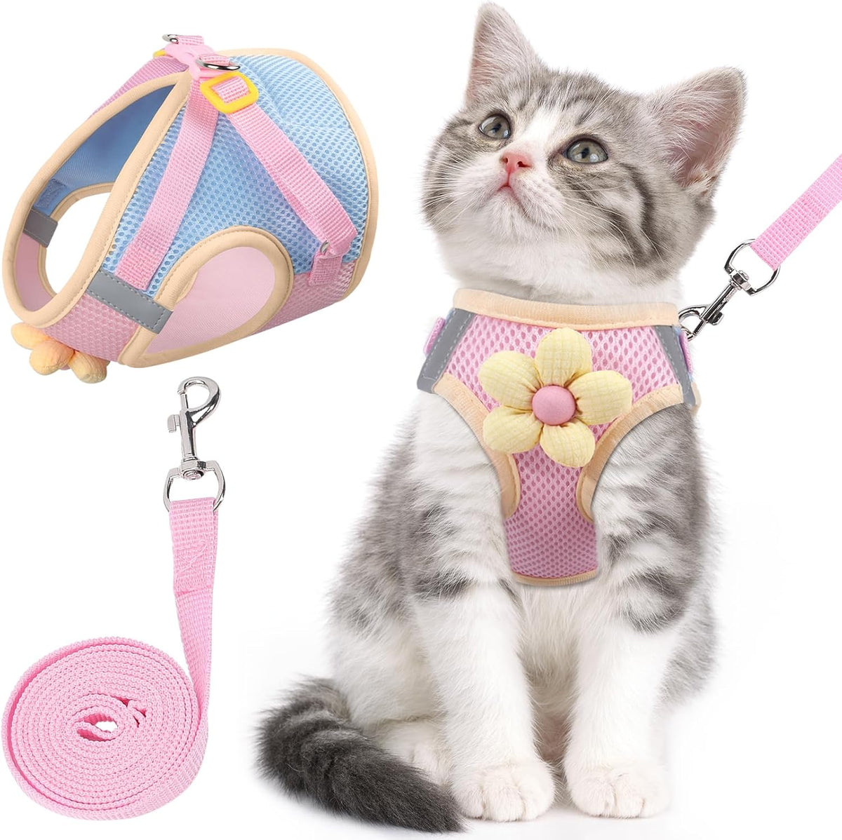 NCMAMA escape proof cat harness and leash set front view showing pink and blue mesh vest with flower
