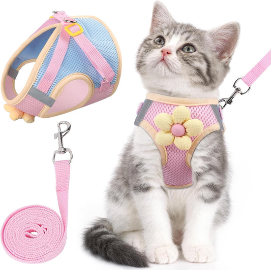 NCMAMA escape proof cat harness and leash set front view showing pink and blue mesh vest with flower