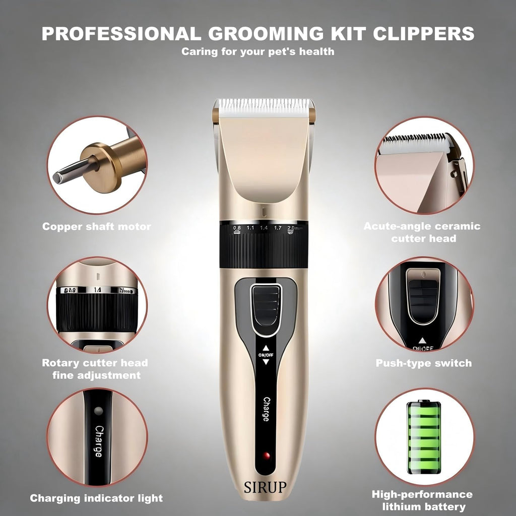 SIRUP cordless pet hair shaver surrounded by four plastic guide comb attachments.