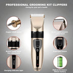 SIRUP cordless pet hair shaver surrounded by four plastic guide comb attachments.