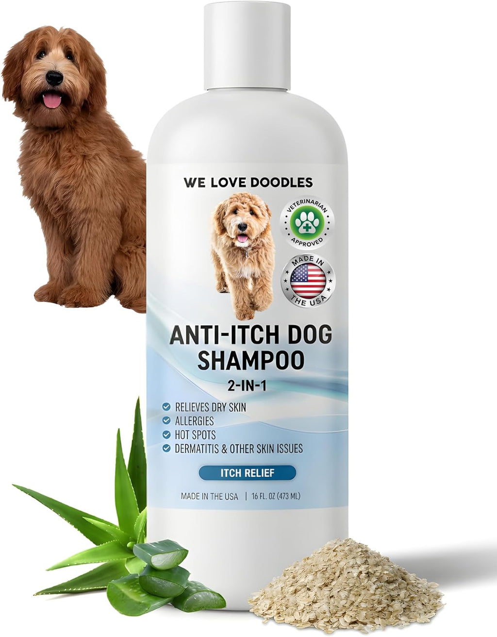 We Love Doodles 5-in-1 shampoo bottle next to a fluffy dog