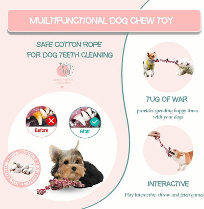 Small dog interactive tug of war cotton rope toy showcasing safe non toxic materials.