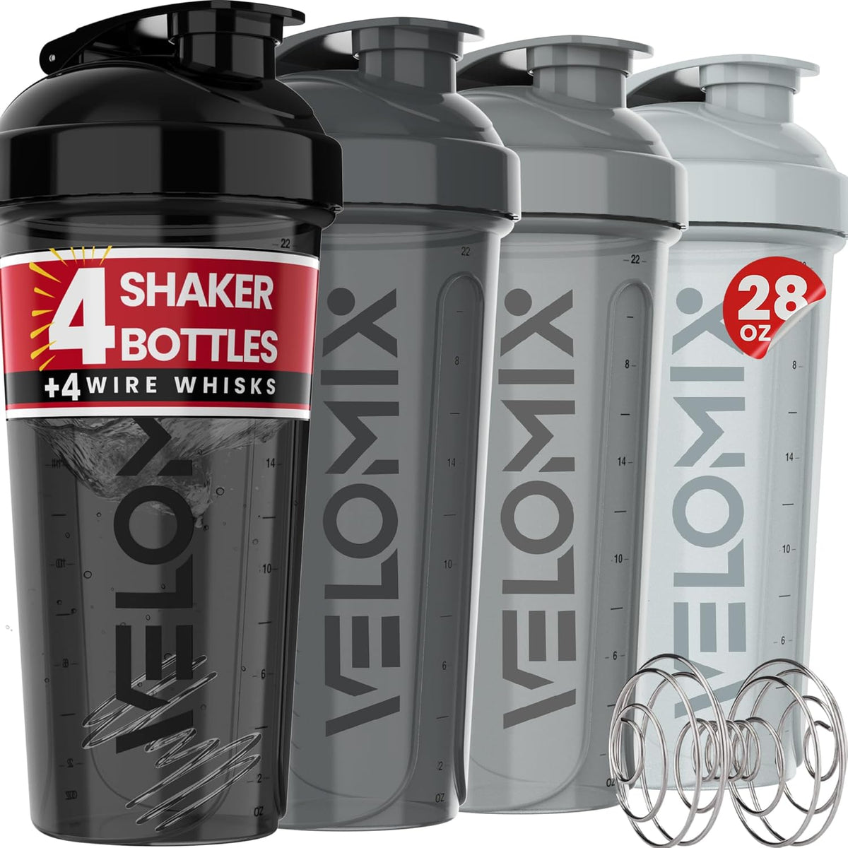 VELOMIX 4 pack protein shaker bottles 28 oz wire whisk system