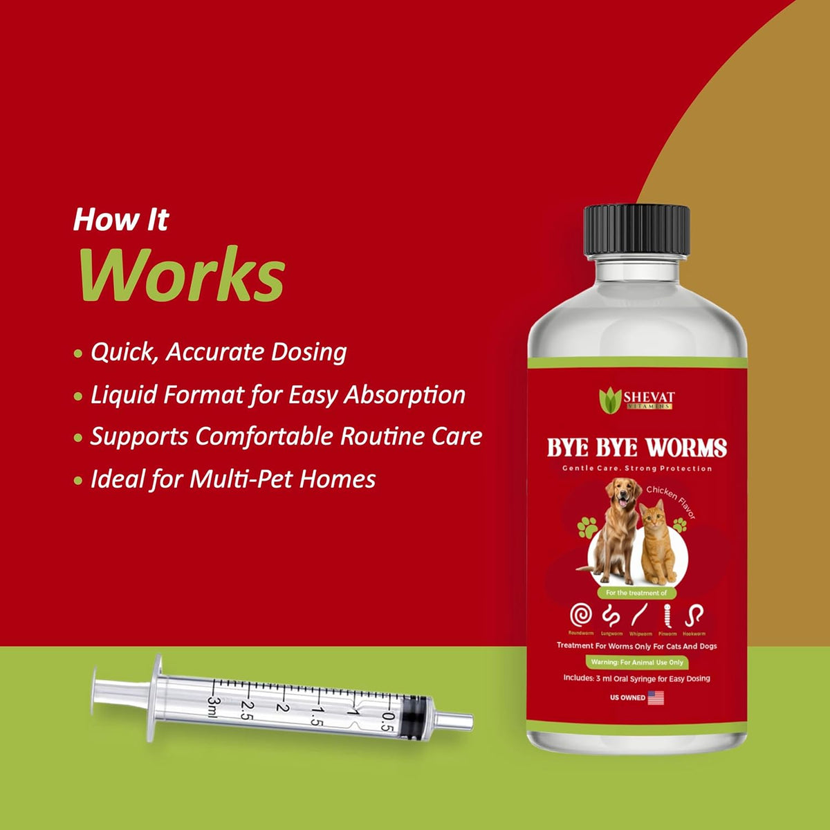 Shevat Vitamins advanced dewormer bottle showcasing puppy and kitten safety