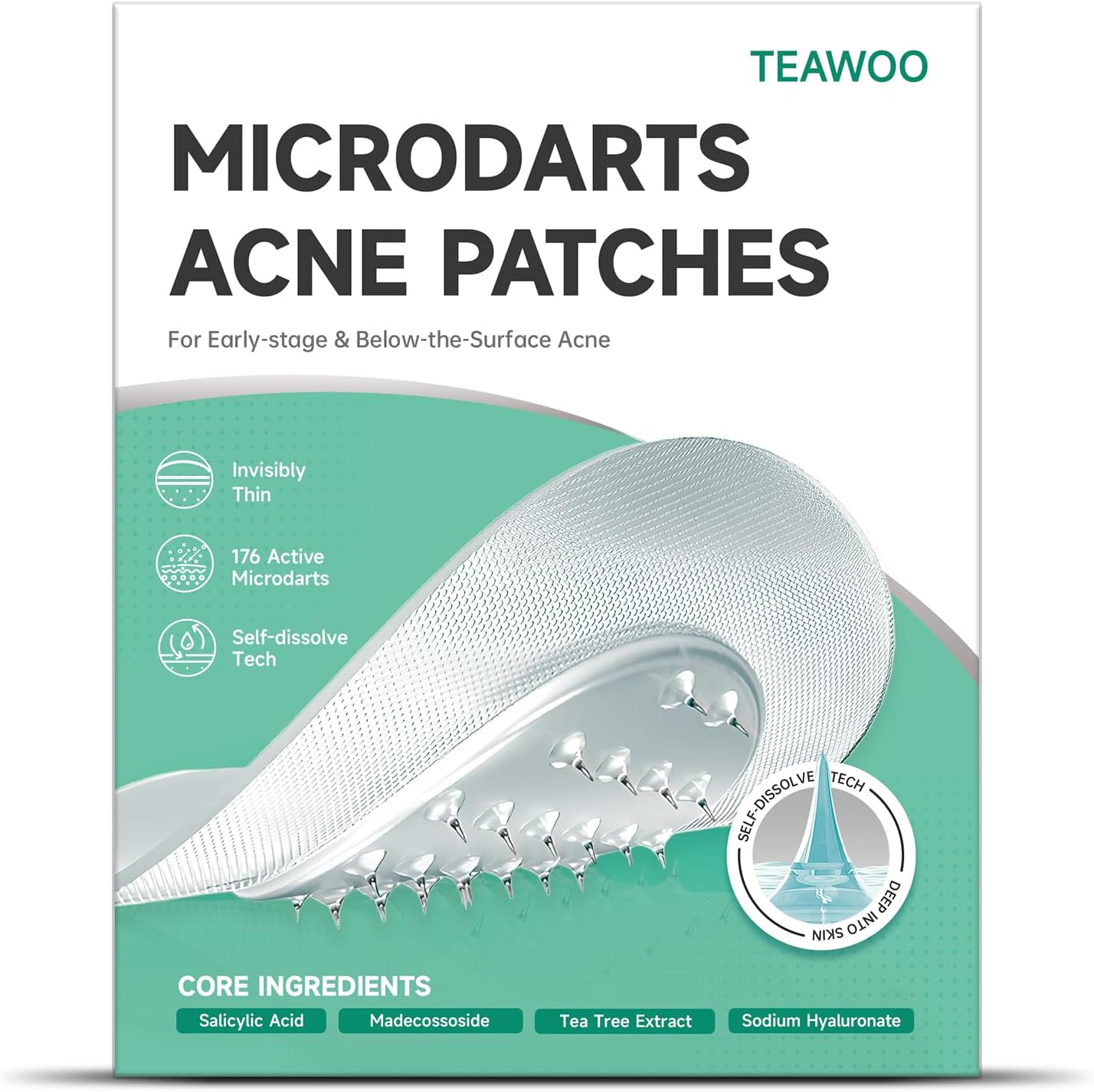 TEAWOO microdart acne patches 18 count box front view showcasing packaging design