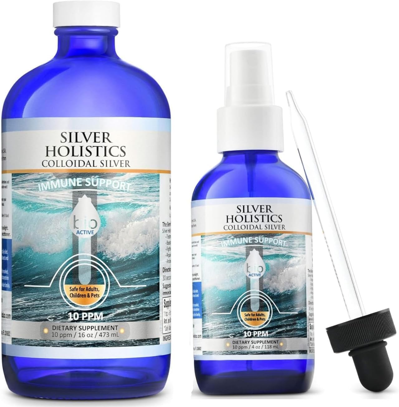 Silver Holistics Colloidal Silver Liquid Bundle front view showcasing the glass refill bottle and spray adapter.