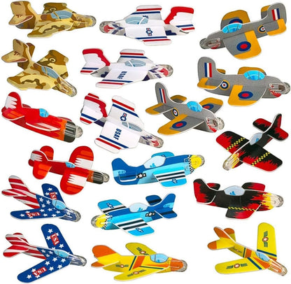 Neliblu Bulk Pack of 72 Carnival Prizes front view of assorted packaged foam airplanes for kids.