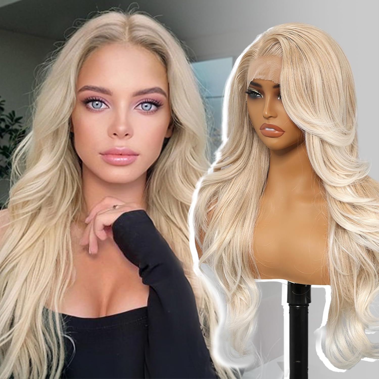KOME platinum blonde synthetic 13x4 HD lace front wig front view on a mannequin torso