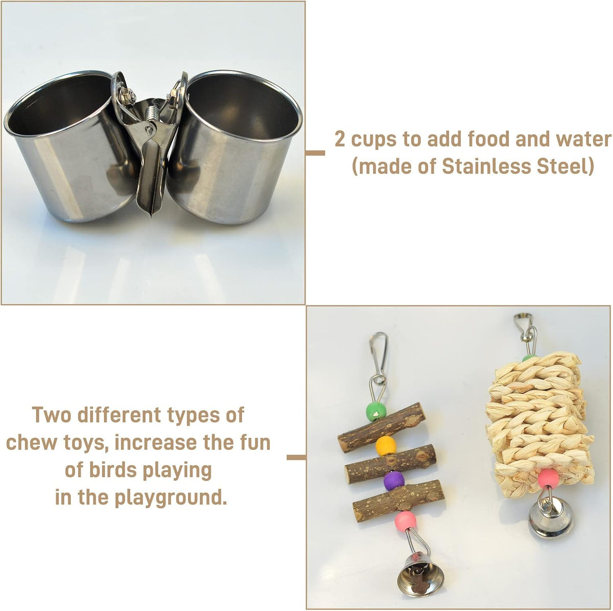 LIMIO Natural Wood Bird Toys Playground, Bird Cage Accessories, Bird Perches, with Removable Tray and 2 Stainless Steel Cups - Image 4