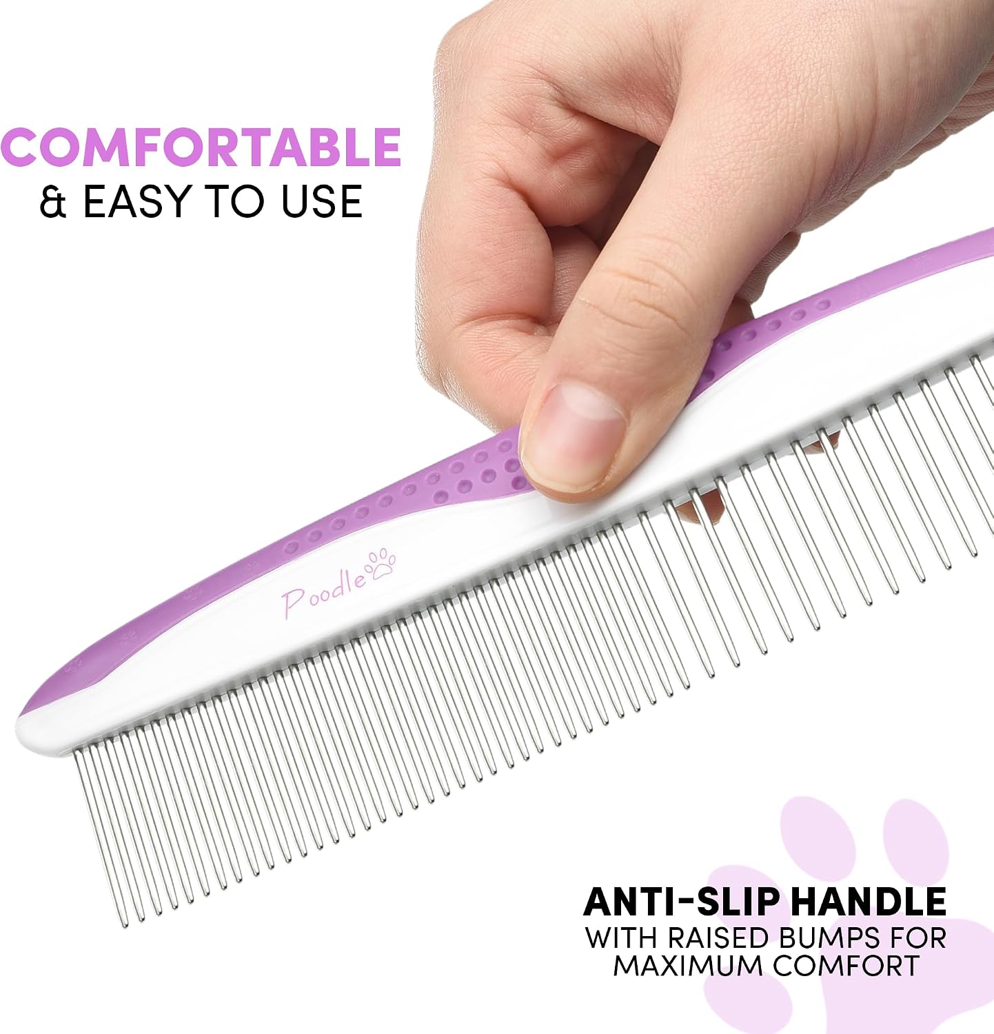 Full size and travel size purple POODLIE pet combs displayed side by side for comparison
