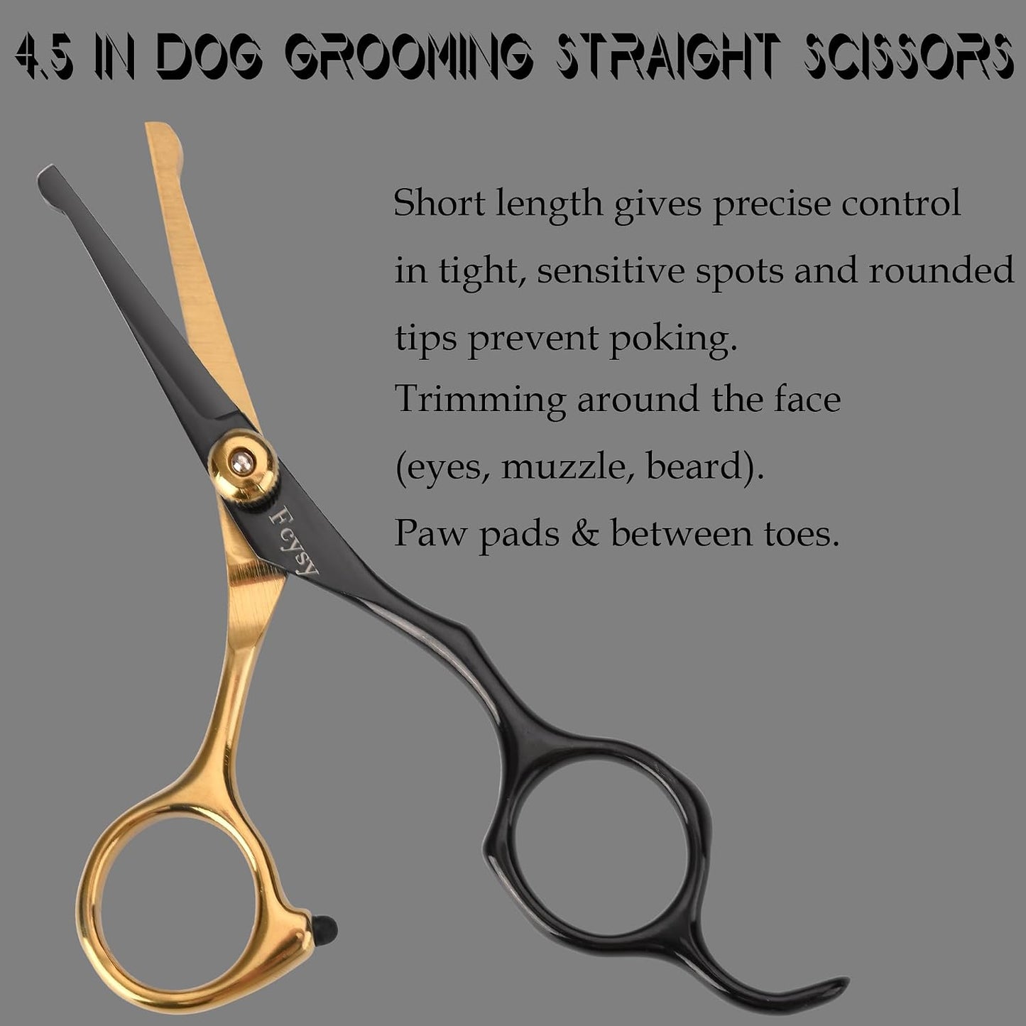 Fcysy curved grooming scissors being demonstrated for trimming delicate areas on pets.