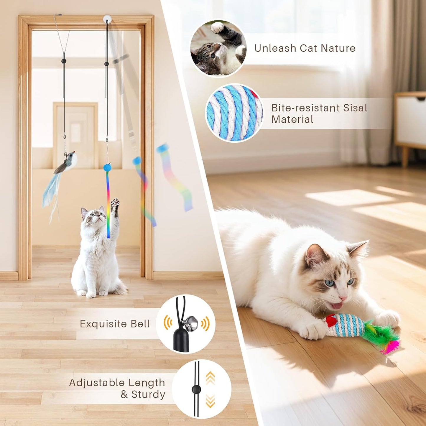 Suction cup mounted cat wand toy fixed to a glass window with realistic bird attachments.