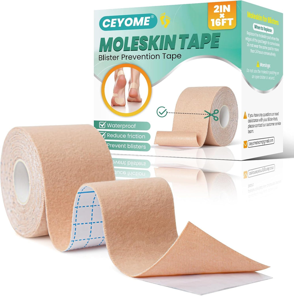 CEYOME Moleskin Tape 2 inch by 16 feet roll front view for blister prevention.