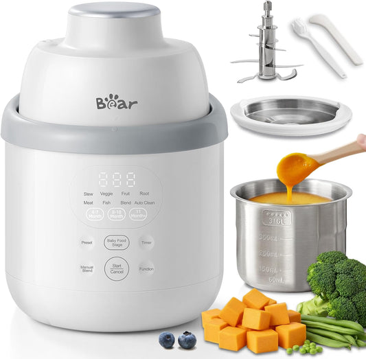 Bear NutriEase AllStage Stainless Steel Baby Food Maker compact front view showing the digital control panel on kitchen counter