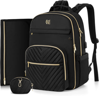MOMUVO diaper bag backpack front view in black quilted fabric with gold zippers