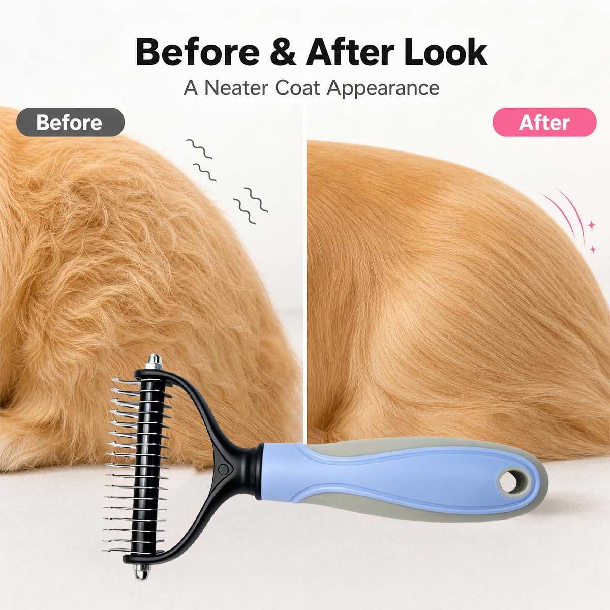 Ergonomic non slip handle of the RongxingA pet deshedder comb close up