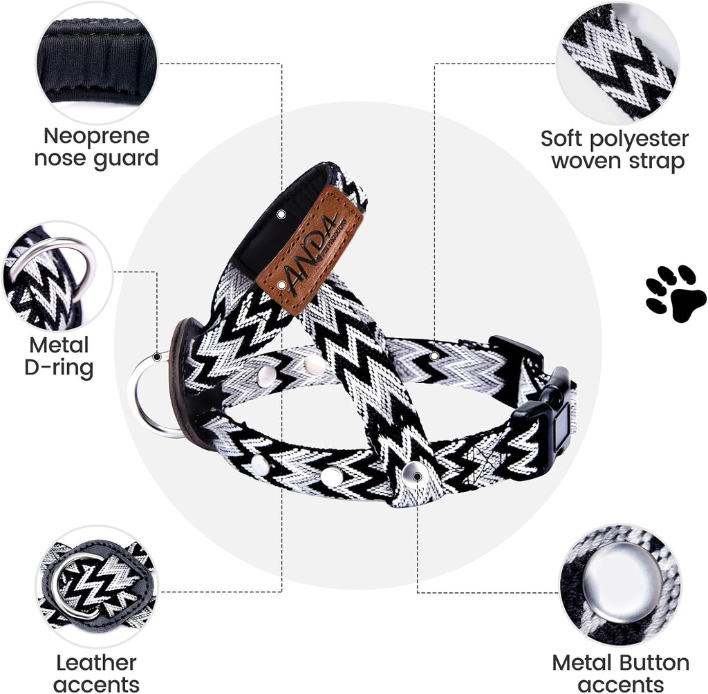 ANDA ultra light no pull dog head collar close up of cushioned neoprene nose pad.
