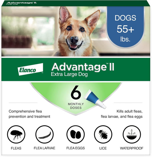 Advantage II extra large dog flea treatment packaging front view showing six month supply.