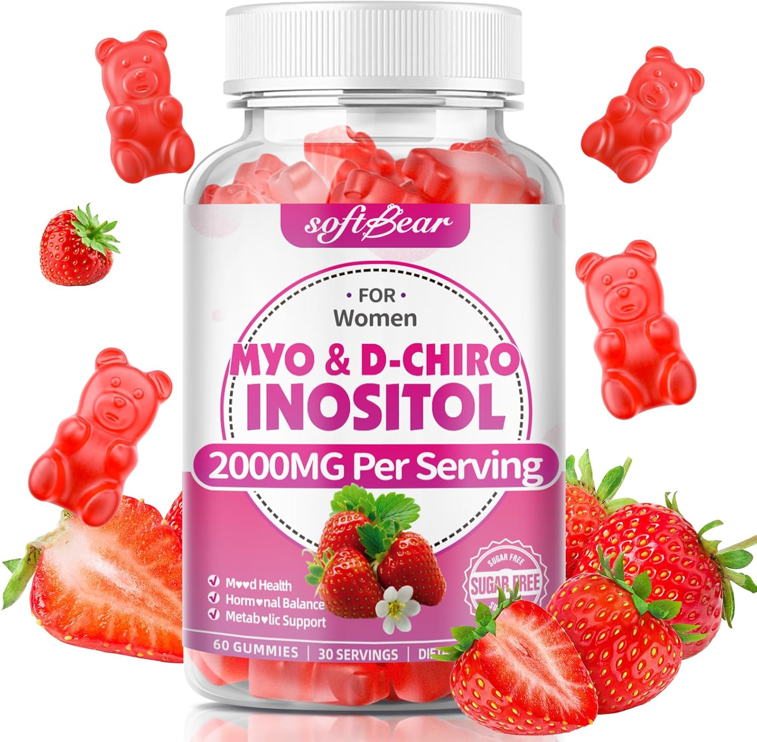 Softbear Myo Inositol and D Chiro Inositol Strawberry Gummies front bottle view for hormone balance.