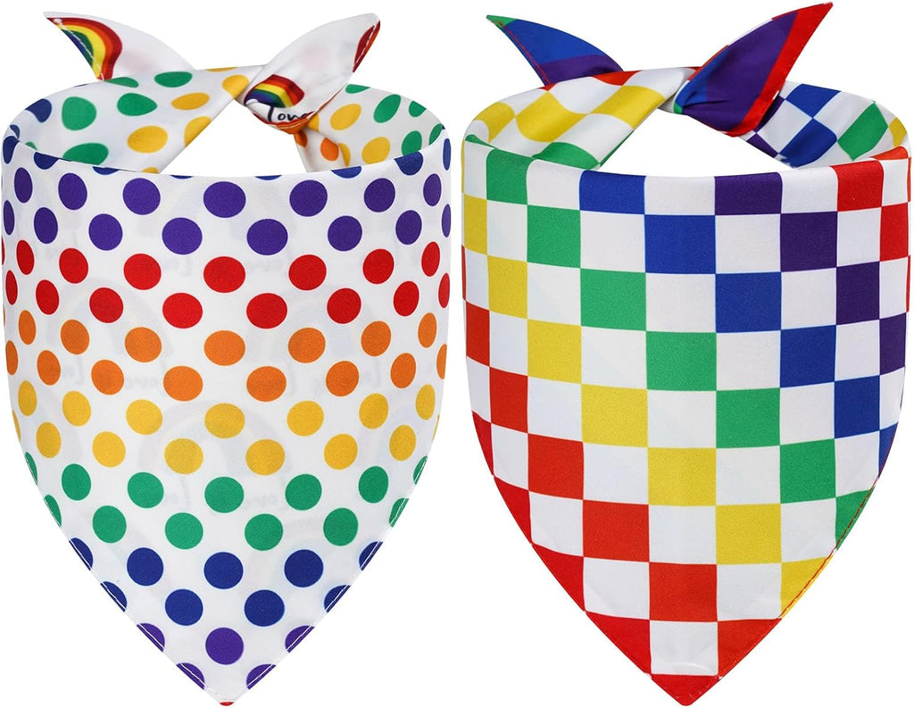 Two reversible rainbow dog bandanas flat lay