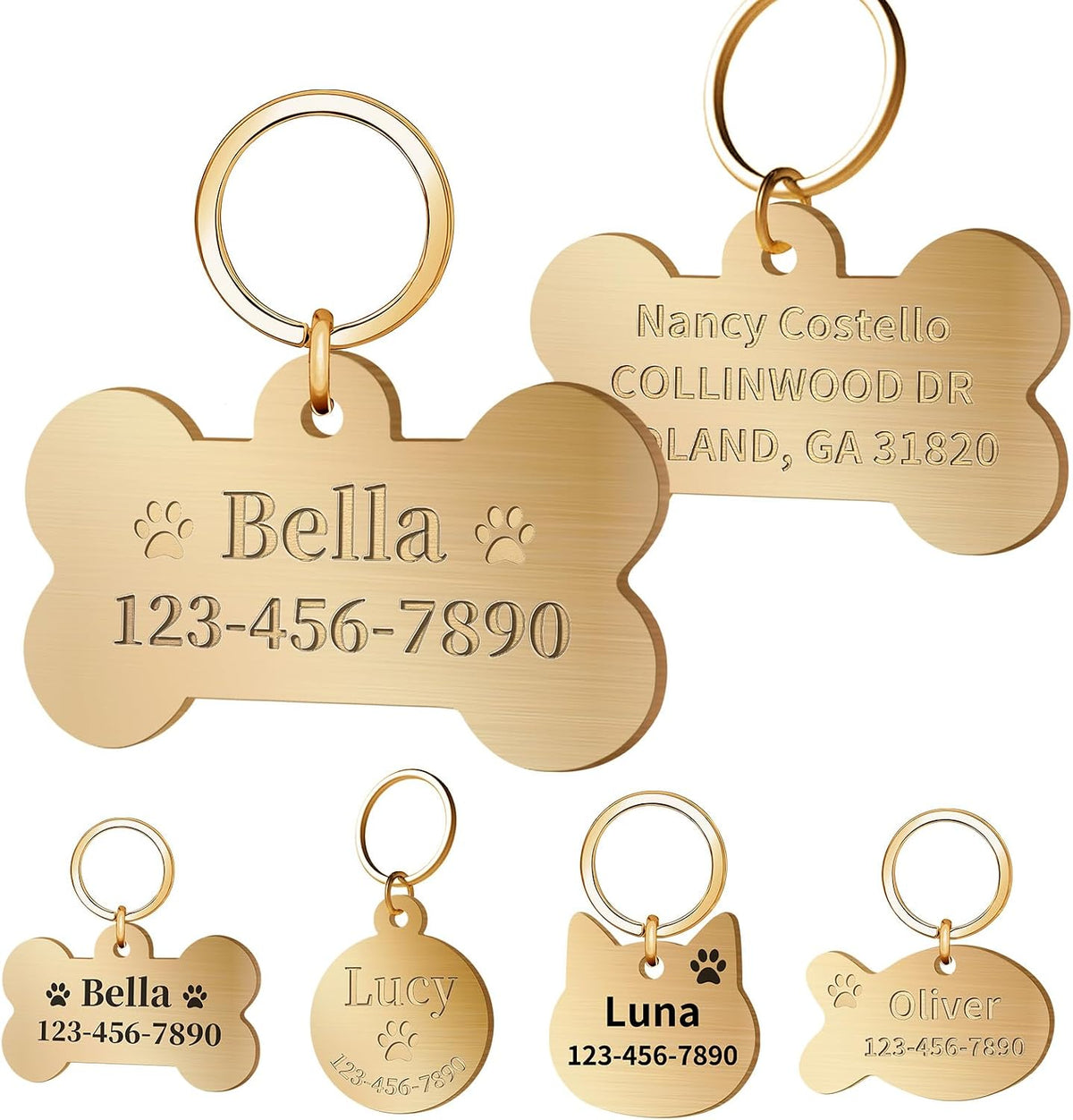 Overket personalized solid brass bone dog tag front view showing deep engraved pet name