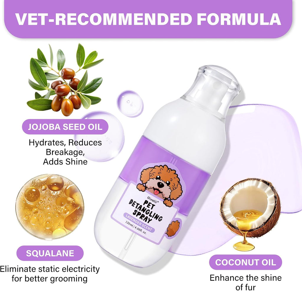 Oivolii lavender pet conditioner spray being combed through goldendoodle dog hair