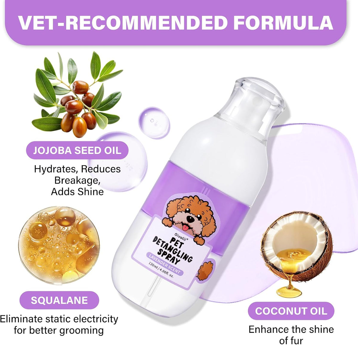 Oivolii lavender pet conditioner spray being combed through goldendoodle dog hair