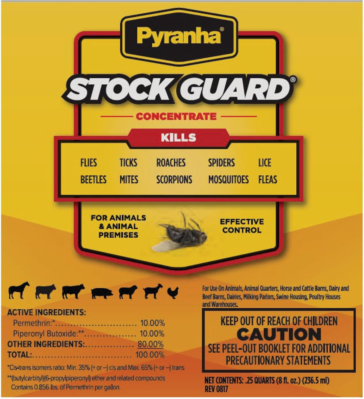 Pyranha Stock Guard Concentrate insecticide back label showing ingredients and mixing directions