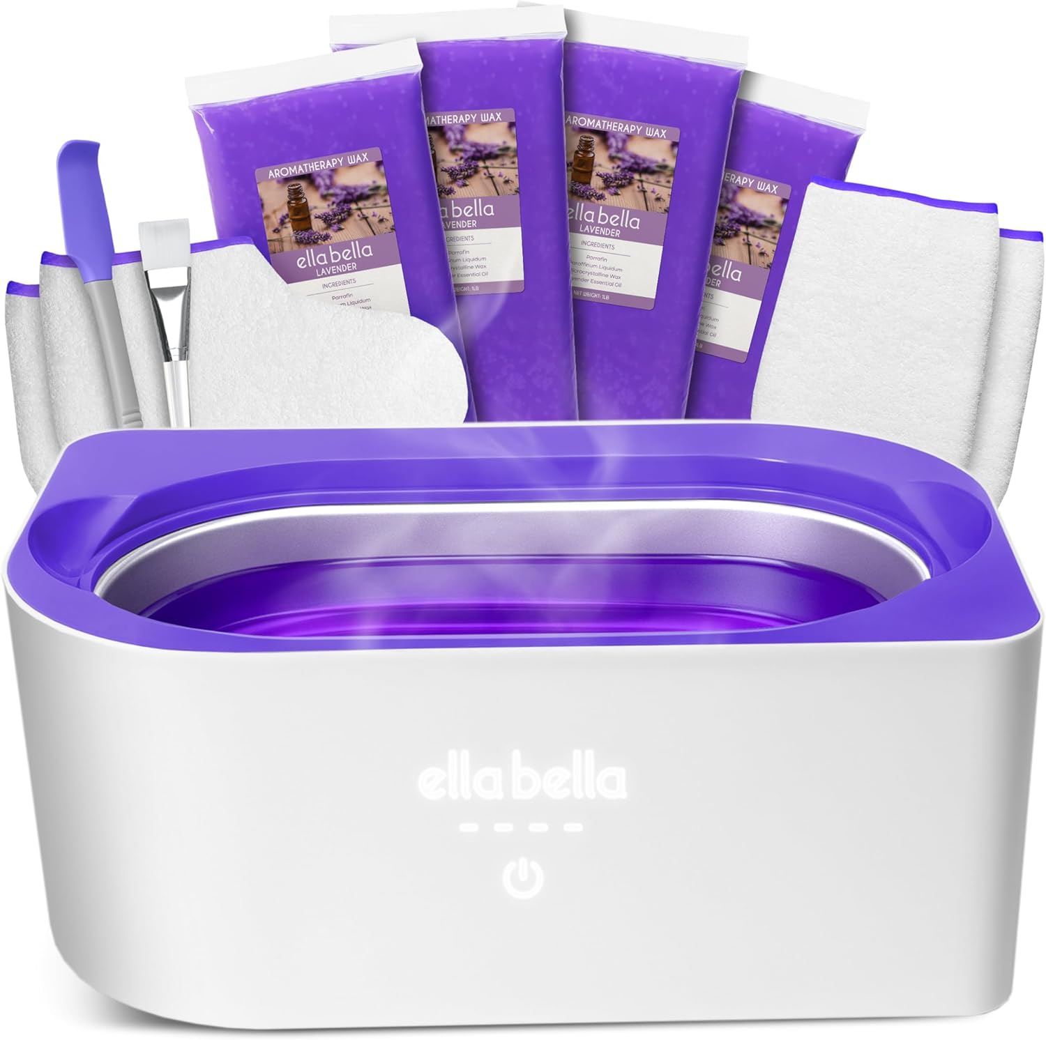 ELLA BELLA Paraffin Wax Machine complete front view showing digital temperature screen and sleek lid packaging