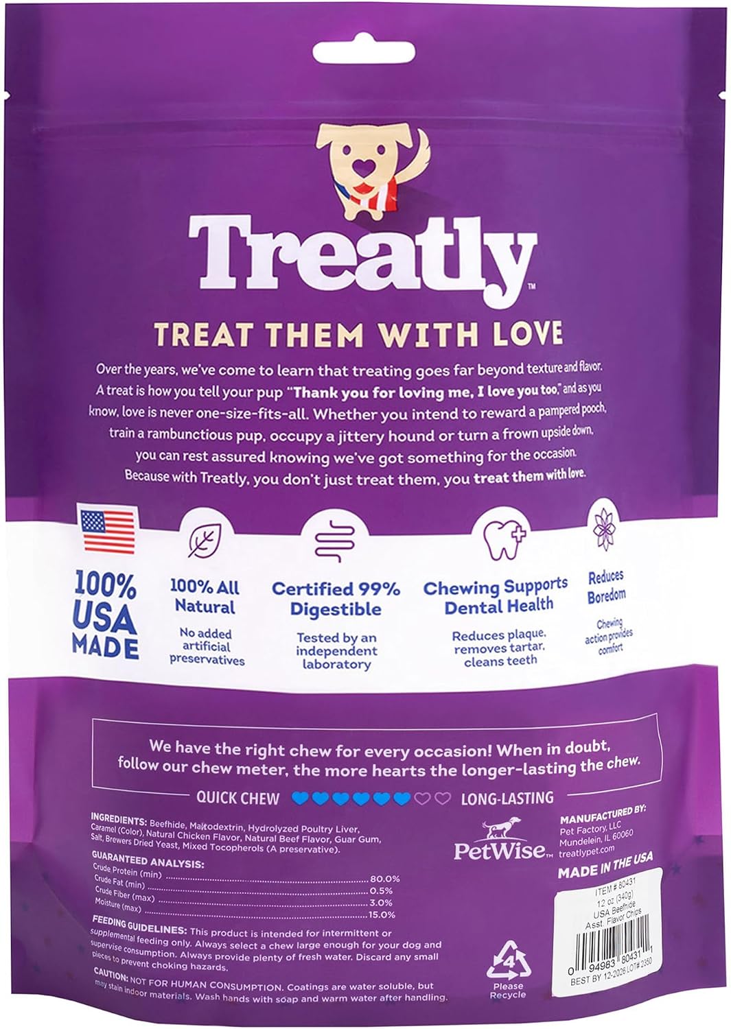 Two pack of Treatly American basted beefhide chips displaying the thick natural rawhide texture