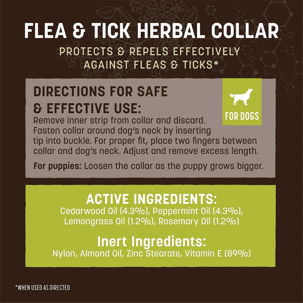 Back of packaging for Earth Animal flea and tick collar with ingredient list