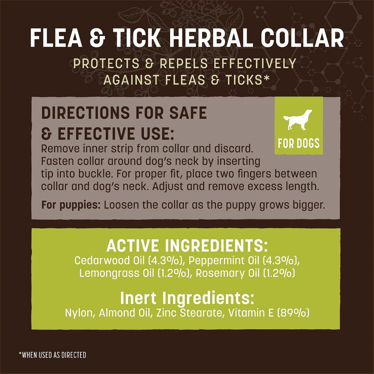 Back of packaging for Earth Animal flea and tick collar with ingredient list
