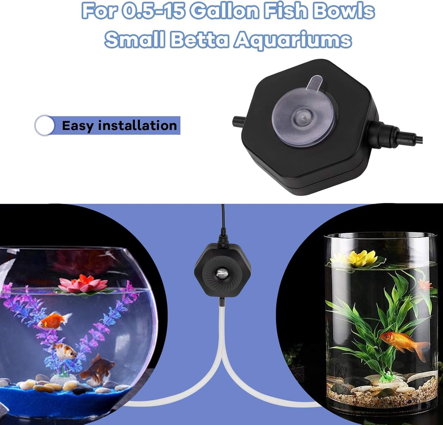 hygger Quiet Mini Small Aquarium Air Pump Betta Fish Tank Bubbler Oxygen Aeration Pump with Air Stone Tubing Suction Cup for 0.5-15 Gal Fish Bowl - Image 4