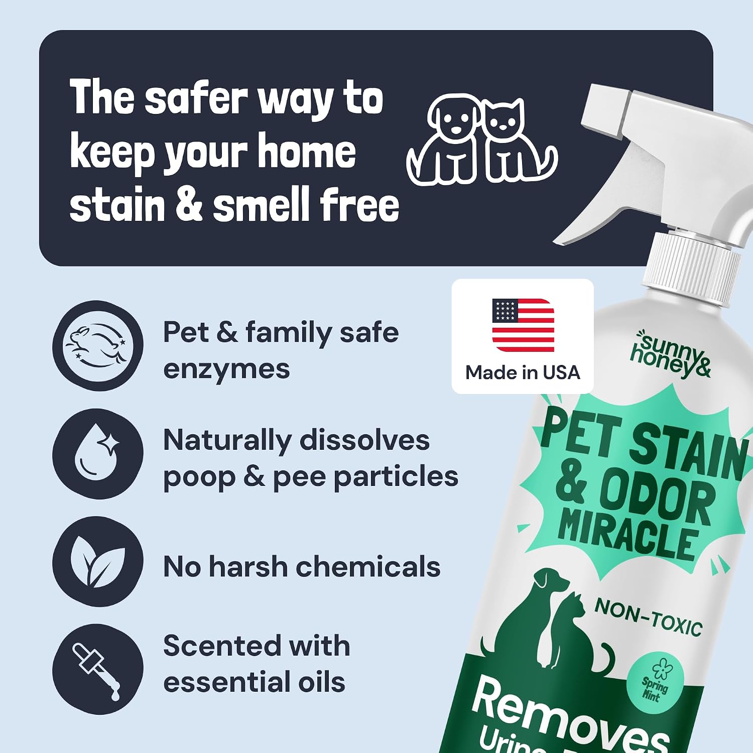 Safe pet odor neutralizer spray bottle standing on a clean rug