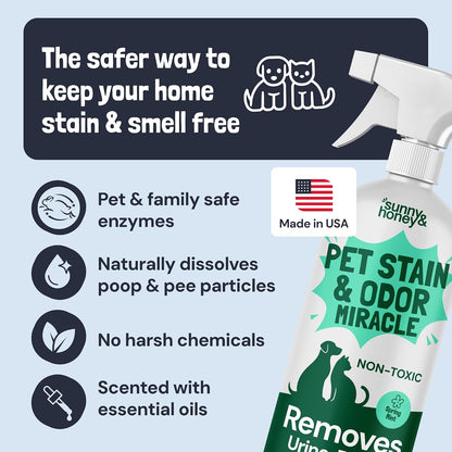 Safe pet odor neutralizer spray bottle standing on a clean rug