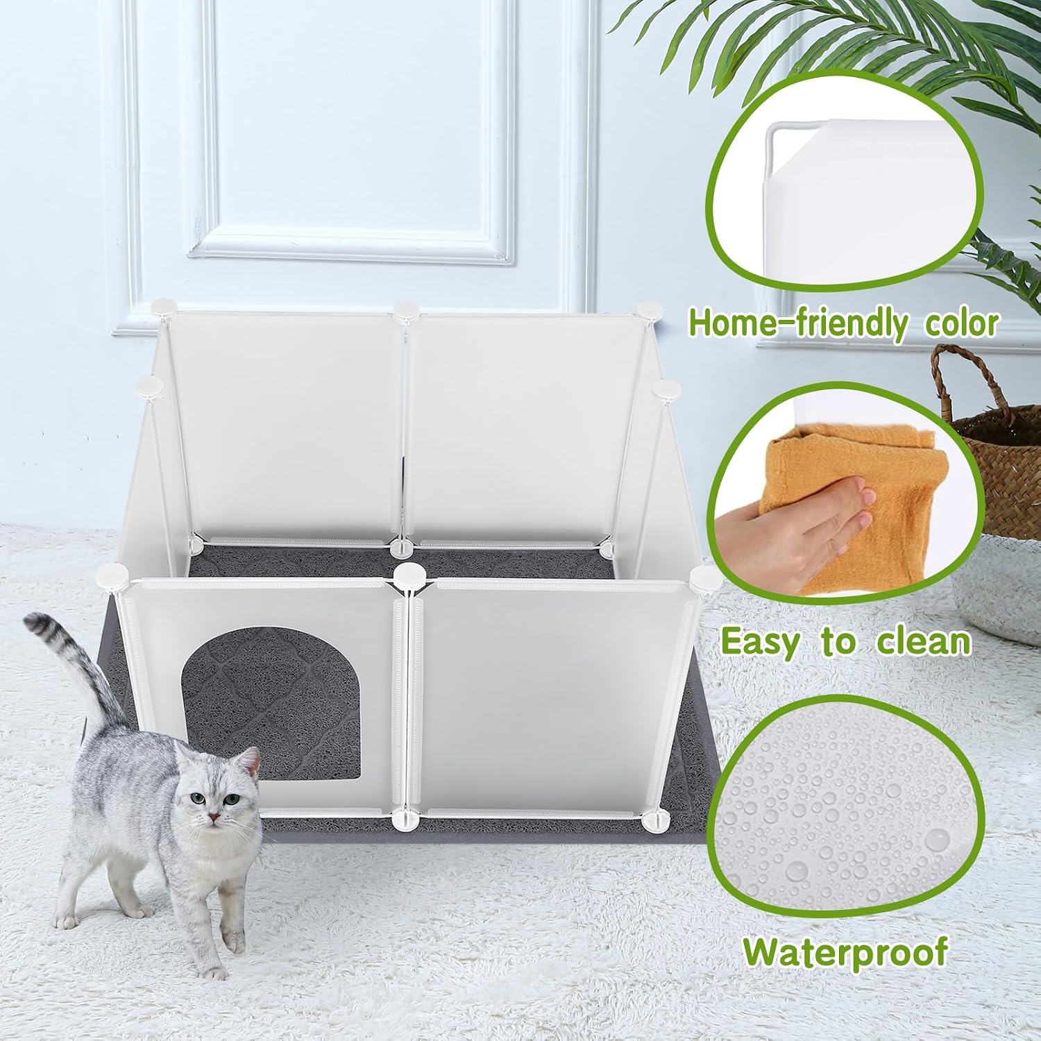 Modular DIY cat litter box shield set up in living room.