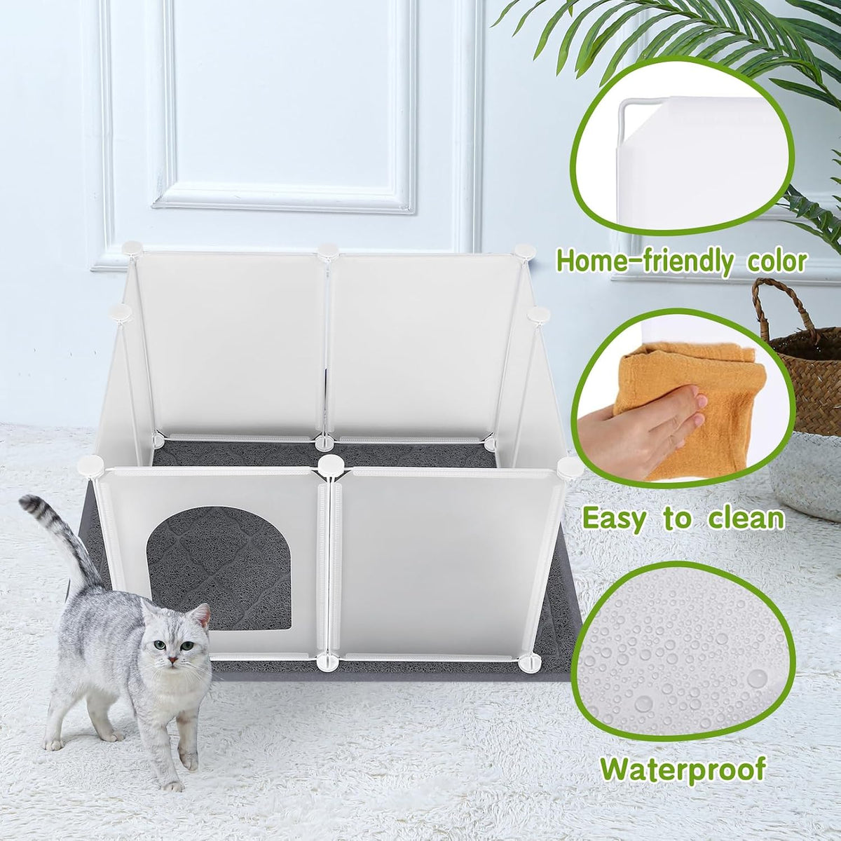 Modular DIY cat litter box shield set up in living room.
